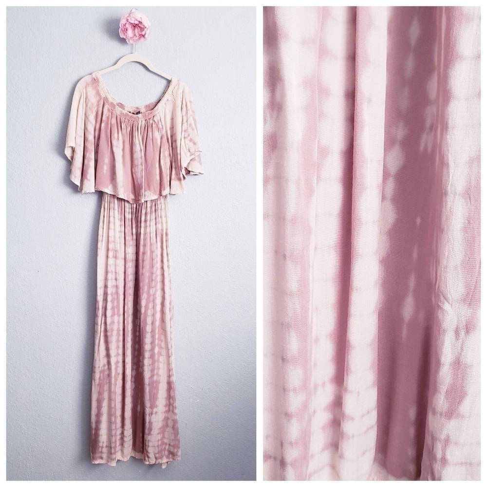 Anthropologie Boho Me Pink and Cream Tie Dye Off Shoulder Maxi Dress